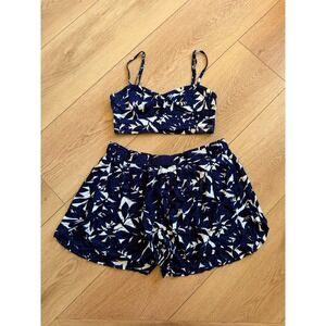 Roxy‎ Womens Navy White Leaf Print 2 Piece Crop Top and Shorts Set XS Tropical